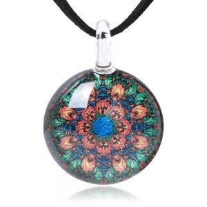 SUVANI Hand Blown Glass Jewelry Mandala Art Design Round Pendant Necklace 17”-19” 