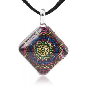 SUVANI Hand Blown Glass Jewelry Vivid Colors Mandala Symbol Square Pendant Necklace, 17-19 inches