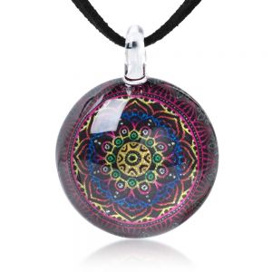 SUVANI Hand Blown Glass Jewelry Multi-Colored Mandala Art Cabochon Round Pendant Necklace 17"-19"
