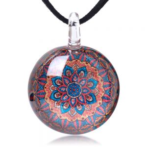 SUVANI Hand Blown Glass Jewelry Blue Orange Mandala Art Cabochon Round Pendant Necklace 17"-19"