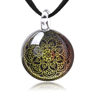 SUVANI Hand Blown Glass Jewelry Black Mandala Flower Round Pendant Necklace, 17"-19"