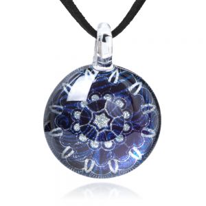 SUVANI Hand Blown Glass Jewelry Silver Blue Mandala Art Cabochon Round Pendant Necklace 17"-19"