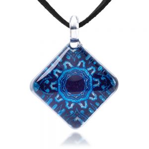 SUVANI Hand Blown Glass Jewelry Glittery Blue Mandala Design Square Pendant Necklace, 17-19 inches