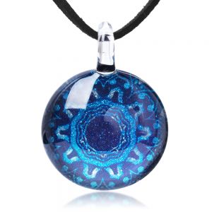 SUVANI Hand Blown Glass Jewelry Blue Mandala Art Design Cabochon Round Pendant Necklace 17"-19"