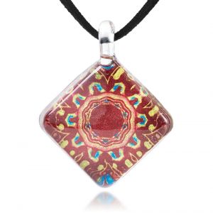 SUVANI Hand Blown Glass Jewelry Glittery Red Mandala Design Square Pendant Necklace, 17-19 inches