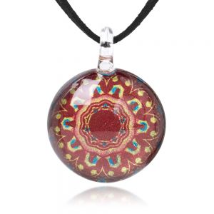 SUVANI Hand Blown Glass Jewelry Glittery Red Mandala Design Round Pendant Necklace, 17-19 inches