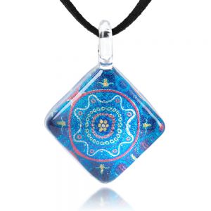SUVANI Hand Blown Glass Jewelry Glittery Blue Mandala Design Square Pendant Necklace, 17-19 inches