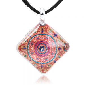SUVANI Hand Blown Glass Jewelry Orange Mandala Design Square Pendant Necklace, 17-19 inches