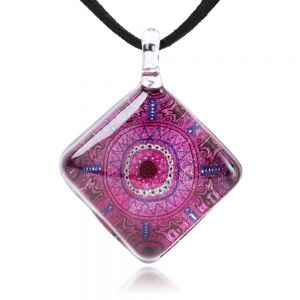 Hand Blown Glass Jewelry Fuschia Pink Mandala Square Pendant Necklace 17-19 inches