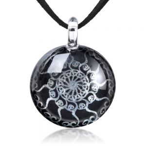 SUVANI Hand Blown Glass Jewelry Silver Black Mandala Art Cabochon Round Pendant Necklace 17"-19"