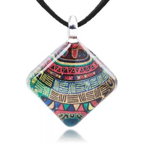 SUVANI Hand Blown Glass Jewelry Colorful Glittery Tribal Art Square Pendant Necklace 17-19 inches