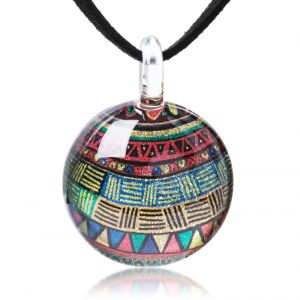 SUVANI Hand Blown Glass Jewelry Colorful Glittery Tribal Art Round Pendant Necklace 17-19 inches