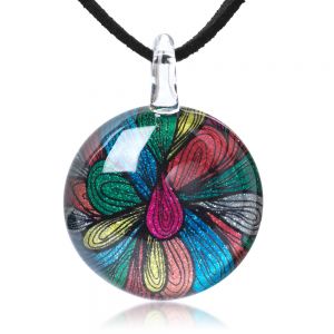 SUVANI Hand Blown Glass Jewelry Multi-Colored Abstract Flower Art Round Pendant Necklace 17-19 inches