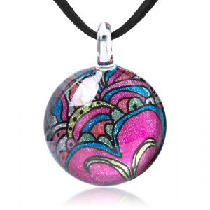SUVANI Glass Jewelry Multi-Colored Butterfly Flower Art Round Pendant Necklace 17-19 inches Leather Cord