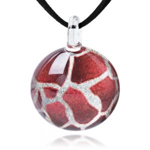 SUVANI Hand Blown Glass Jewelry Giraffes Pattern Red Silver Grey Round Pendant Necklace, 17-19 inches
