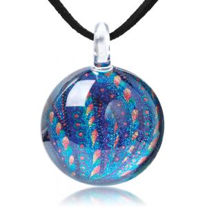 SUVANI Hand Blown Glass Jewelry Abstract Peacock Feather Art Round Pendant Necklace, 17-19 inches