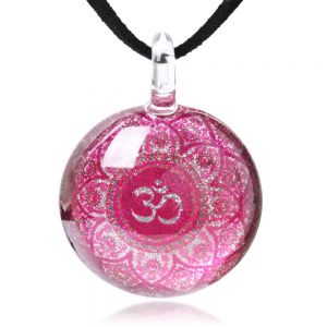 SUVANI Hand Blown Glass Jewelry Pink Om Ohm Aum Symbol Mandala Design Pendant Necklace 17-19”