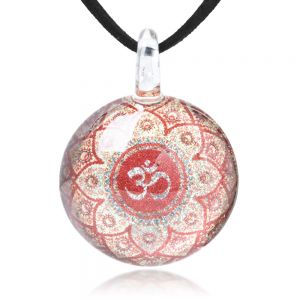 SUVANI Hand Blown Glass Jewelry Red Om Ohm Aum Symbol Mandala Design Pendant Necklace 17-19”
