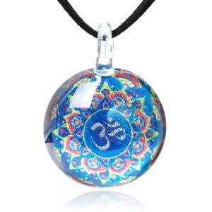 SUVANI Hand Blown Glass Jewelry Blue Om Ohm Aum Symbol Mandala Design Round Pendant Necklace, 17-19”