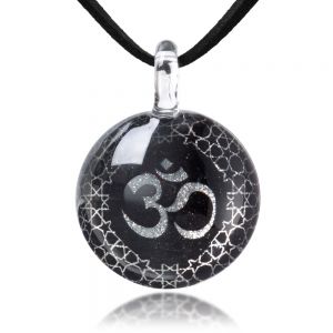 SUVANI Hand Blown Glass Jewelry Black Om Ohm Aum Symbol Night Star Design Round Pendant Necklace, 17-19”