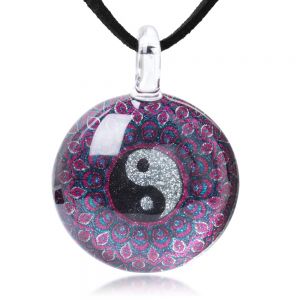 SUVANI Hand Blown Glass Jewelry Yin Yang Symbol Purple Peacock Mandala Round Pendant Necklace, 17-19”