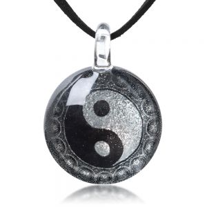 SUVANI Hand Blown Glass Jewelry Yin Yang Symbol Black and White Round Pendant Necklace 17-19” Leather Cord
