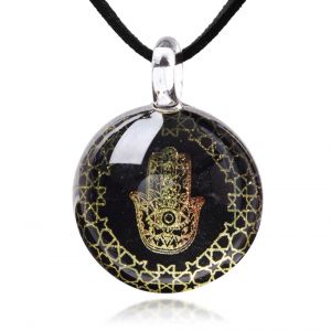 SUVANI Hand Blown Glass Black Golden Hamsa Hand of Fatima Protection Amulet Round Pendant Necklace 17-19''