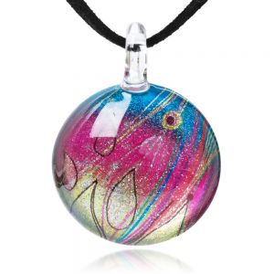 SUVANI Hand Blown Glass Jewelry Vibrant Abstract Rainbow Colors Art Line Round Pendant Necklace, 17-19”