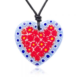 SUVANI Millefiori Murano Glass Red & Blue Flowers Heart Big Pendant 43 mm Adjustable Necklace 15”-30”