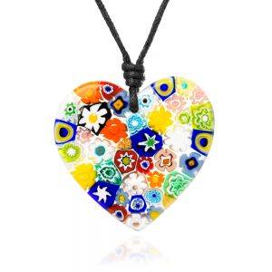 SUVANI Millefiori Murano Glass Multi-Colored Flowers Heart Big Pendant 40 mm Adjustable Necklace 15”-30”