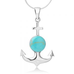 SUVANI Sterling Silver Synthetic Turquoise Stone Navy Sailor Ship Anchor Symbol Pendant Necklace 18''