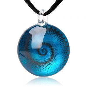 SUVANI Hand Blown Glass Jewelry Spiral Dots “Into the Sea” Blue Round Pendant Necklace, 18”-20"