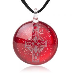 SUVANI Hand Blown Glass Jewelry Celtic Cross Glittering Gray & Red Round Pendant Necklace, 18”-20"