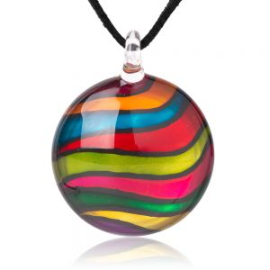 SUVANI Hand Blown Glass Jewelry Multi-Colored Rainbow Wave Square Pendant Necklace 18”-20"