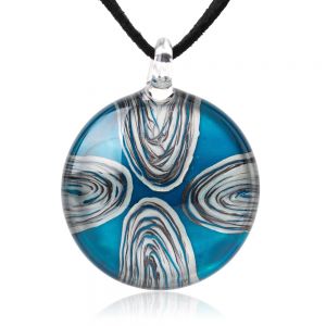 SUVANI Hand Painted Glass Jewelry Abstract Ripple Water Art Blue Round Pendant Necklace, 18”-20"