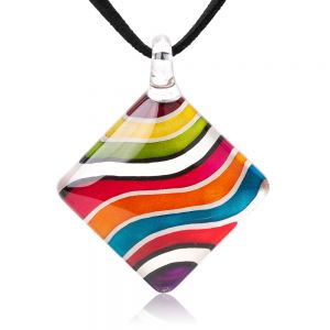 SUVANI Hand Blown Glass Jewelry Multi-Colored Rainbow Striped Square Pendant Necklace 18”-20"