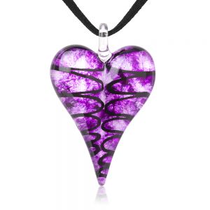 SUVANI Hand-Painted Murano Glass Jewelry Purple Puffy Long Heart Shaped Pendant Necklace 18”-20”