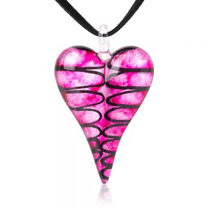 SUVANI Hand-Painted Murano Glass Jewelry Fuchsia Pink Puffy Long Heart Pendant Necklace 18”-20”