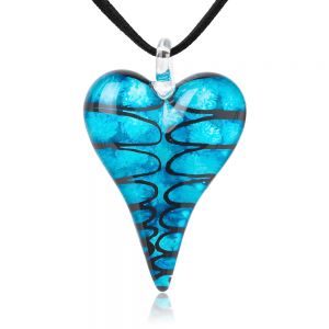 SUVANI Hand-Painted Murano Glass Jewelry Aqua Blue Puffy Long Heart Pendant Necklace 18”-20”