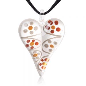 SUVANI Hand-Painted Murano Glass Jewelry Flower Dots White Puffy Heart Pendant Necklace 18”-20”
