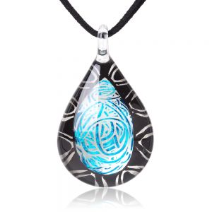 SUVANI Hand Blown Glass Jewelry Abstract Tribal Art Black Blue Teardrop Pendant Necklace 18”-20"