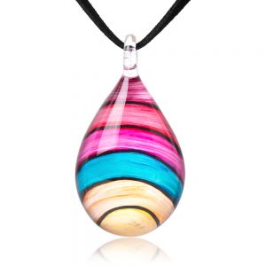SUVANI Hand Painted Glass Jewelry Multi-Colored Rainbow Stripes Teardrop Pendant Necklace 18”-20"