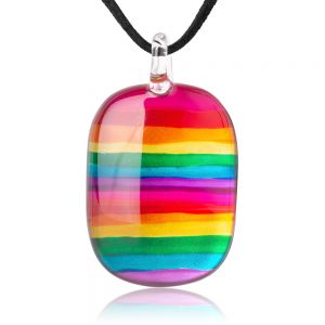 SUVANI Hand Blown Glass Jewelry Multi-Colored Rainbow Striped Oval Pendant Necklace 18”-20"