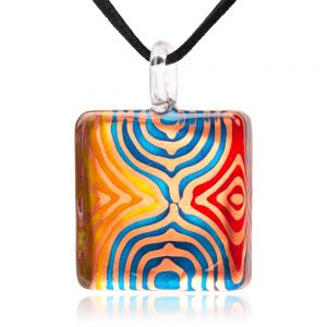 SUVANI Hand Painted Glass Jewelry Multi-Colored Blue Wave Lines Square Pendant Necklace 18"-20"
