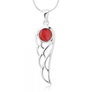 SUVANI Sterling Silver Reconstructed Red Coral Guardian Angel Wings Symbol Pendant Necklace 18''