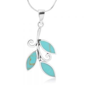 SUVANI Sterling Silver Synthetic Turquoise Stone Olive Leaves Leaf Symbol Pendant Necklace 18''