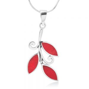 Stone Red Resin Olive Leaves Leaf Symbol Pendant Necklace 18 SUVANI Sterling Silver Shell