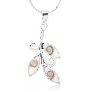 SUVANI Sterling Silver White Shiva Eye Shell Olive Leaves Leaf Symbol Pendant Necklace 18''