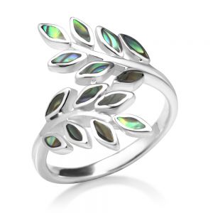 925 Sterling Silver Natural Green Abalone Shell Ivy Leaf Vine Design Ring, 23 mm Size 6, 7, 8