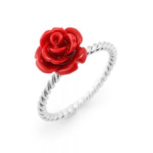 925 Sterling Silver Resin Red Rose Flower Vintage Ball Beaded Ring
